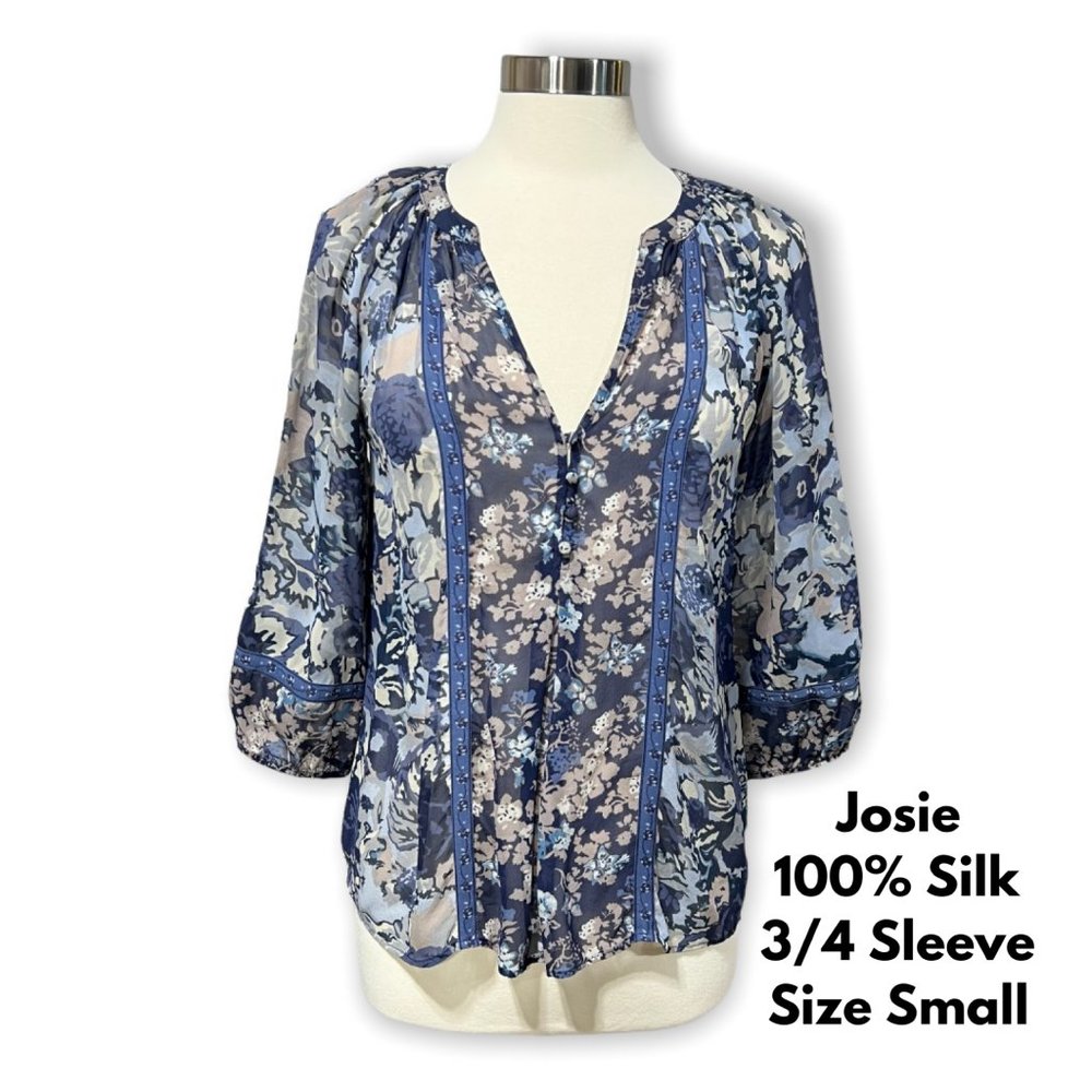 Joie Boho Pesant Style 3/4 Sleeve Blue Floral Abstract 100% Silk Top Small